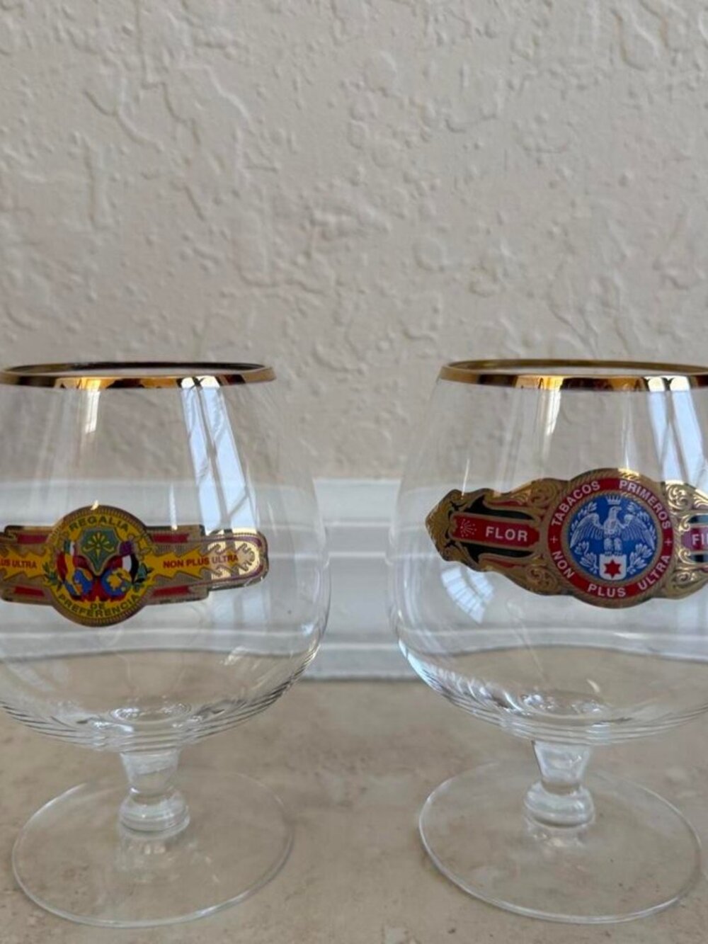 VINTAGE Pair Gold Trim Cigar Band Brandy Snifter Glasses Tabacos Primeros